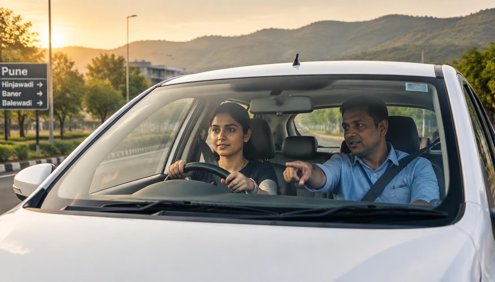 Driving instructor guiding a learner during a lesson in Pune